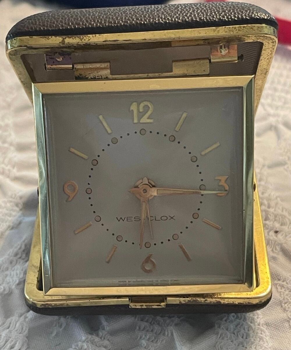 Vintage Westclox portable travel clock and alarm  works!! 2-1/4"